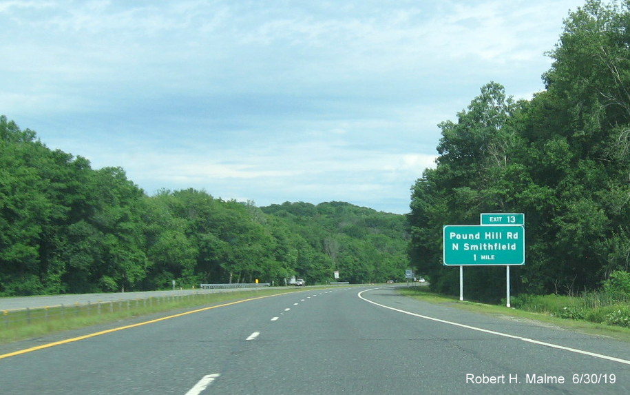 Image of recently placed 1 mile advance sign for Pound Hill Road exit on RI 146 North in North Smithfield
