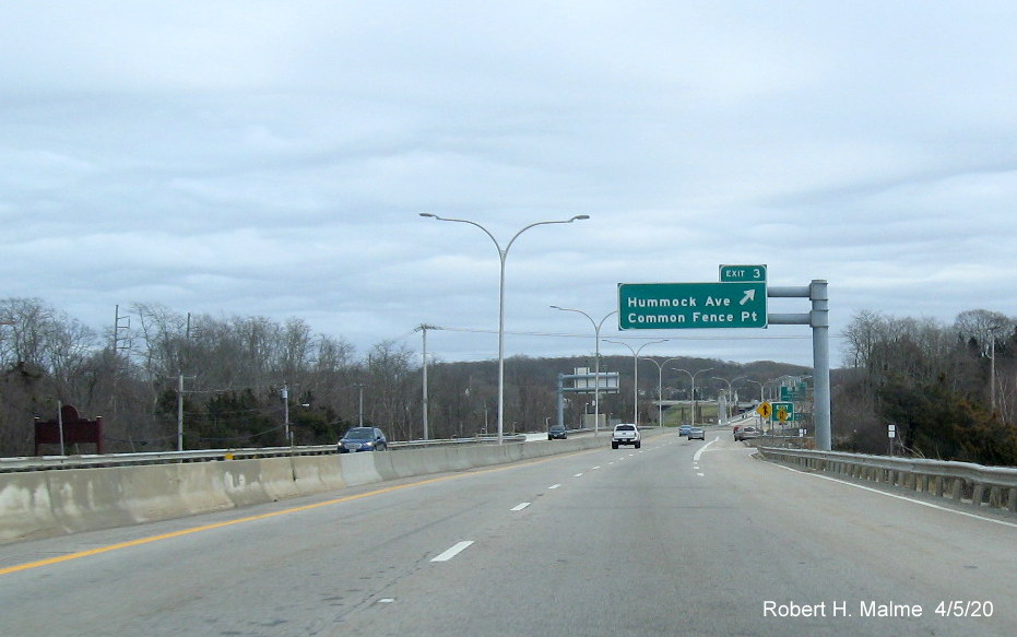 Image of overhead ramp sign for Anthony Road exit on RI 24 South in Portsmouth that will not be replaced under current sign replacement contract, taken in April 2020