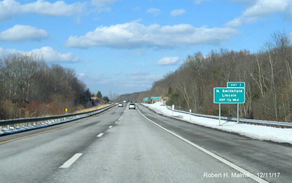 Image of RI 99 Exit 1/2 Mile Advance sign with new Exit Number 1 in Lincoln