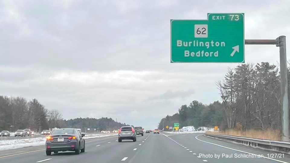 Image of overhead ramp sign for MA 62 exit with new milepost based exit number on US 3 South in Bedford, by Paul Schlichtman, January 2021