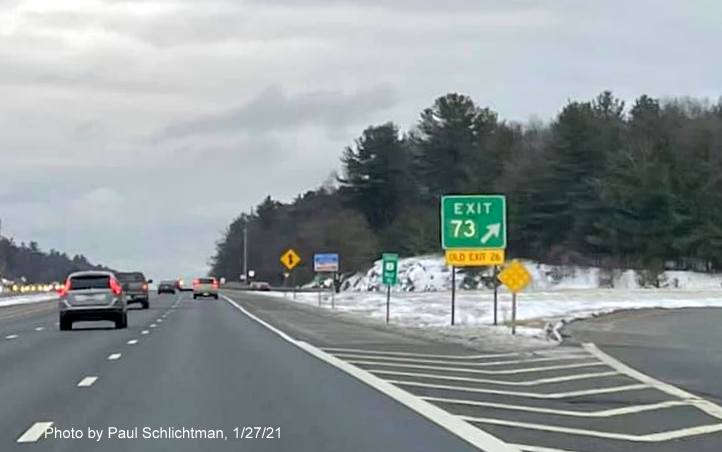 Image of gore sign for MA 62 exit with new milepost based exit number and yellow old exit number sign below on US 3 South in Bedford, by Paul Schlichtman, January 2021