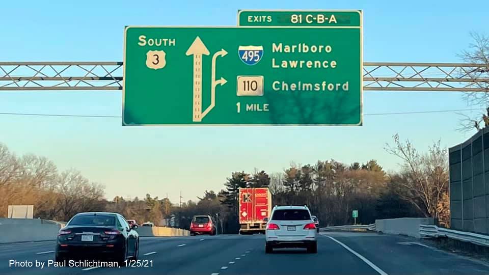 Image of 1-Mile advance diagrammatic sign for I-495/MA 110 exits with new milepost based exit numbers on US 3 South in Chelmsford, by Paul Schlictman, January 2021