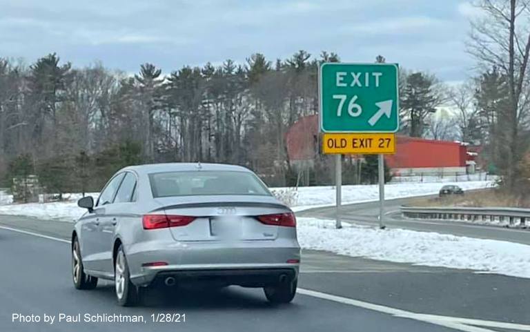 Image of gore sign for Concord Road exit with new milepost based exit number and yellow old exit number sign below on US 3 North in Billerica, by Paul Schlichtman, January 2021