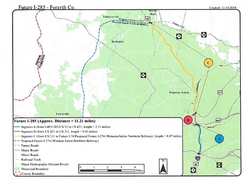 Image of map of proposed I-285 extension submitted by NCDOT
to AASHTO for approval in May 2019, map created in Nov. 2018