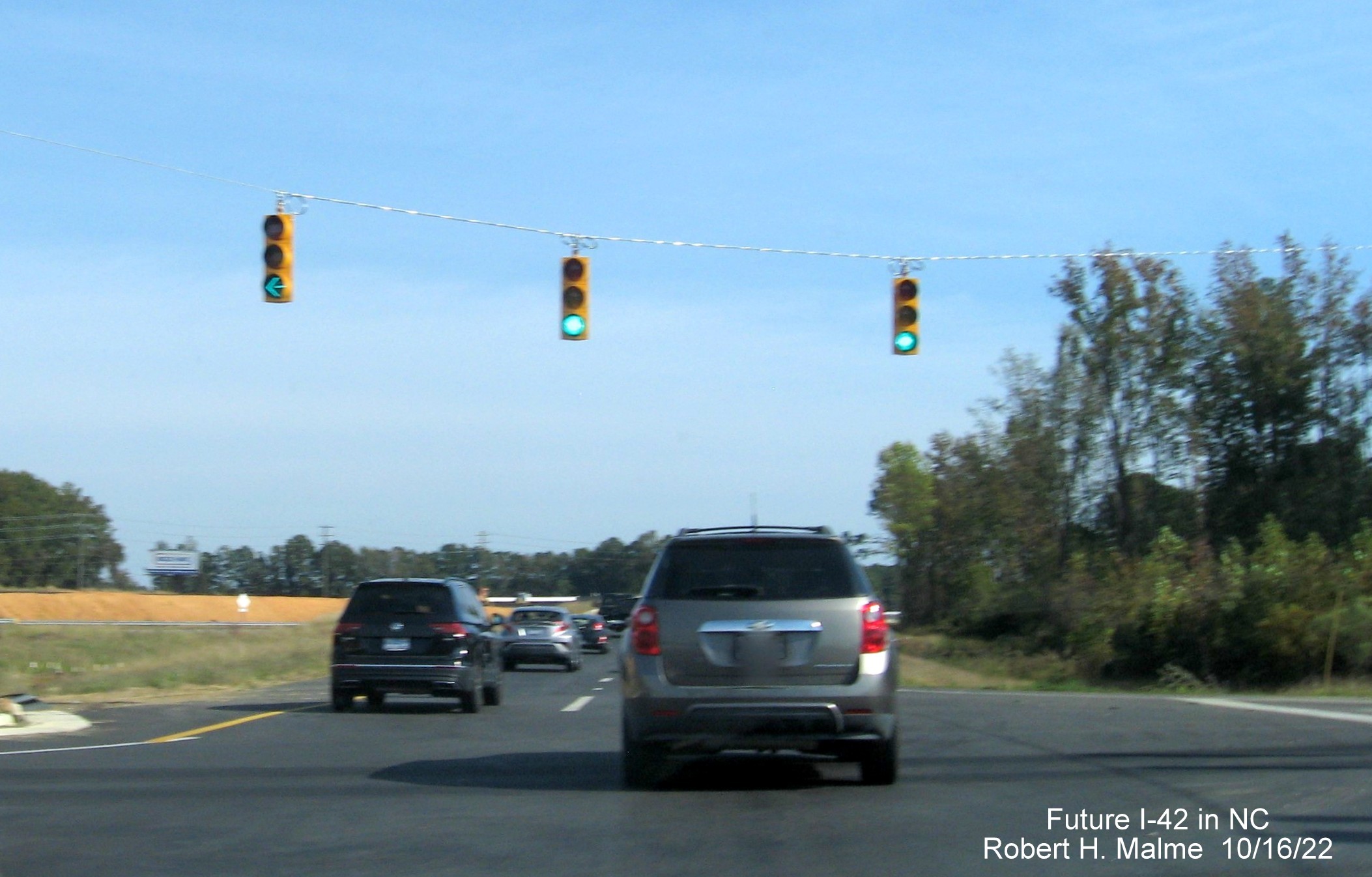 Image of US 70 East at Wilson Mills Road intersection traffic signals in Wilson Mills, October 2022