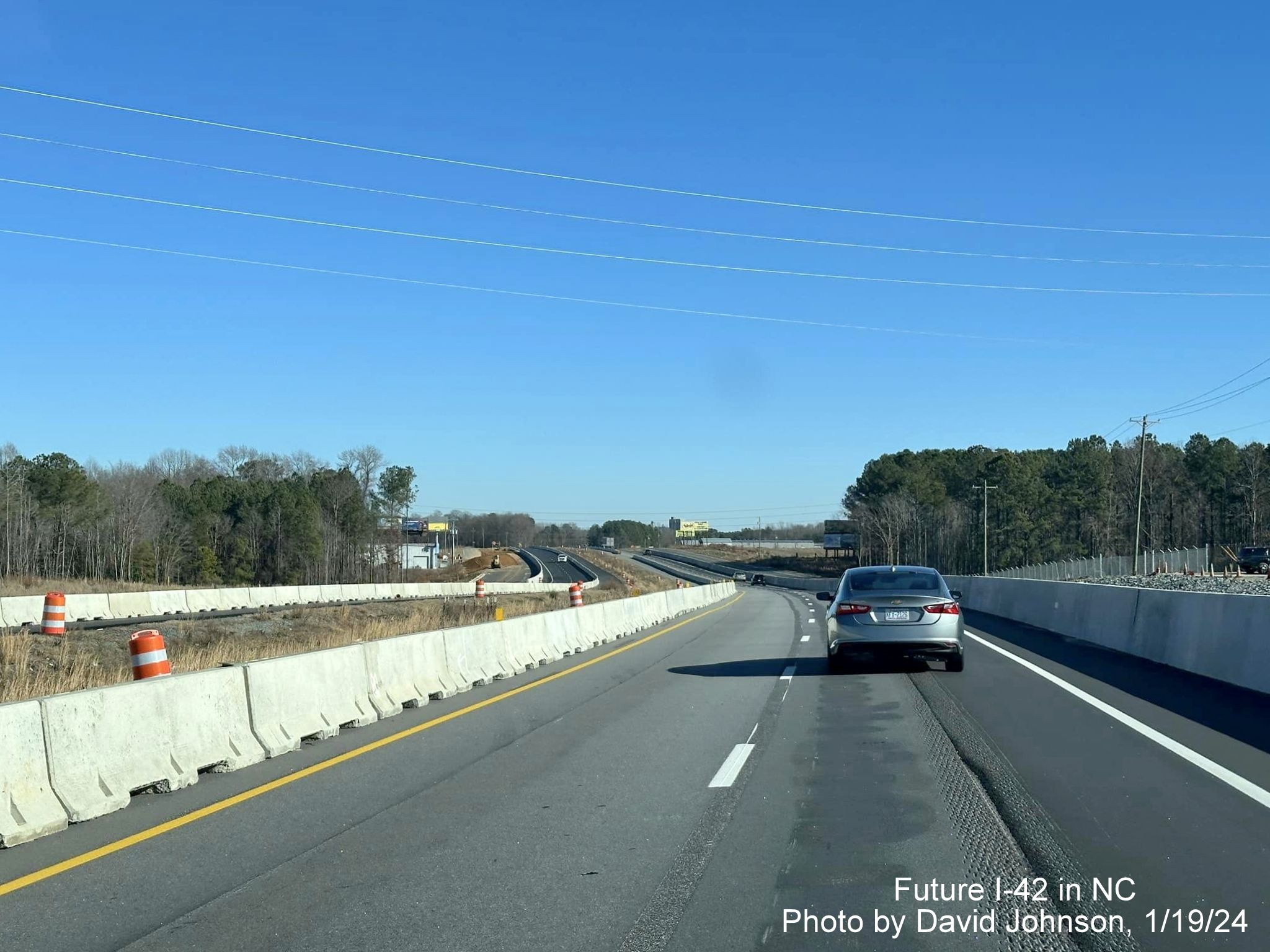 Image of traffic on US 70 (Future I-42) East at beginning of Johnston County work zone after Business 70 exit, photo by David Johnson, January 2024
