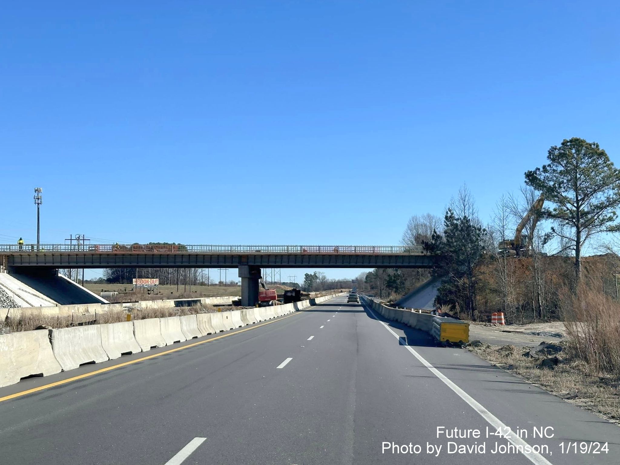 Image of nearly completed Swift Creek Road bridge on US 70 (Future I-42) East in Johnston County work zone, photo by David Johnson, January 2024