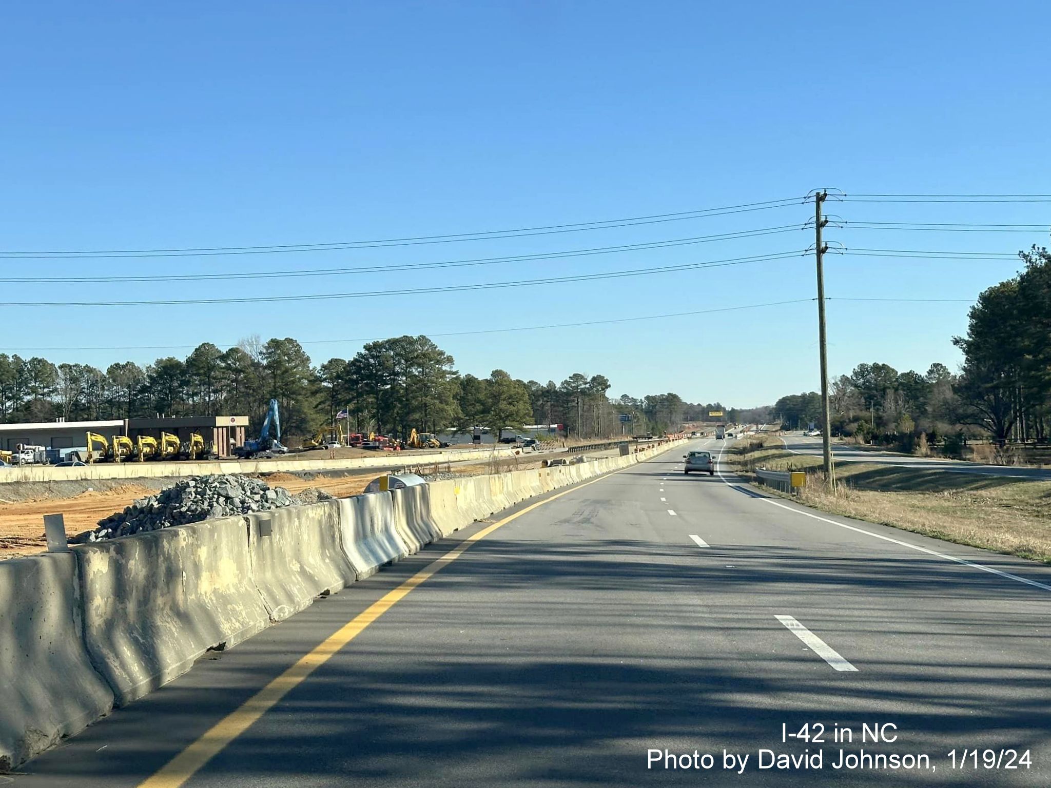 Image of US 70 (Future I-42) East roadway after future Wilson's Mills Road interchange in Johnston 
       County work zone, photo by David Johnson, January 2024