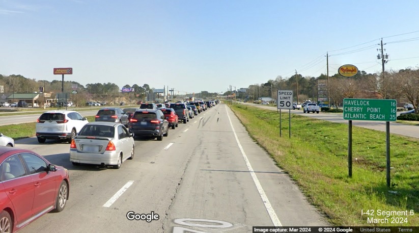 Image of traffic along US 70 East in James City construction zone, showing little construction progress, Google Maps Street View, March 2024