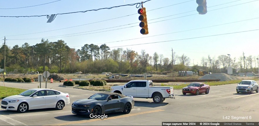 Image of lack of progress in updating US 70 East in James City construction zone at west end of project, 
     Google Maps Street View, March 2024
