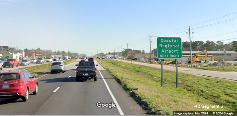 Image of traffic along US 70 East approaching Airport Road in James City construction zone, Google 
      Maps Street View, March 2024