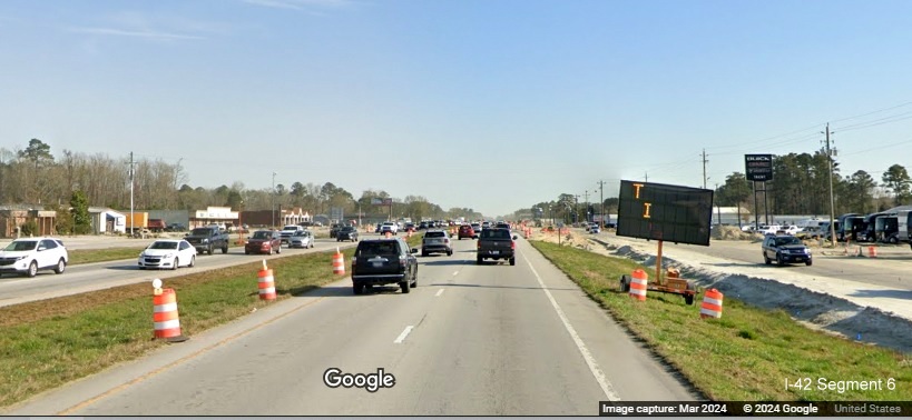 Image of frontage road construction progress beyond Airport Road on US 70 (Future I-42) East in
      James City, Google Maps Street View, March 2024