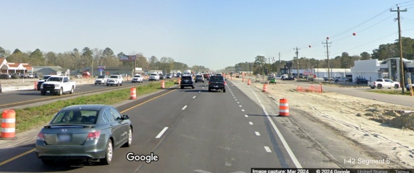 Image of construction along US 70 East in James City project work zone, Google Maps Street View, March 2024