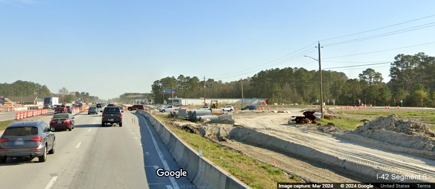 Image of future Grantham Road exit ramp construction on US 70 (Future I-42) East in James City, 
       Google Maps Street View, March 2024