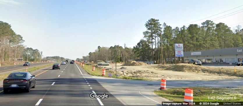 Image of frontage road construction along US 70 (Future I-42) East in James City after Taberna Way,
        Google Maps Street View, March 2024