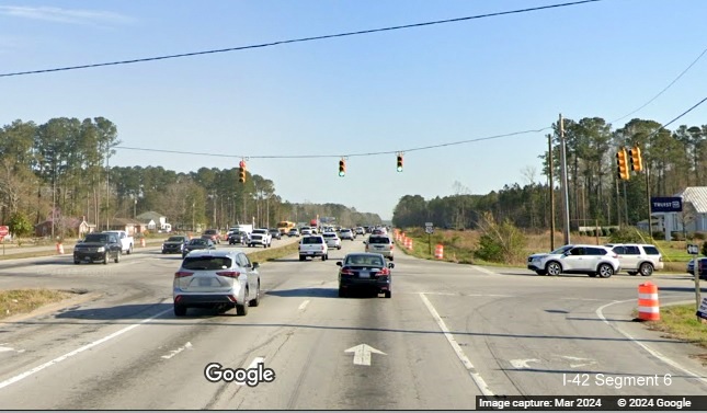 Image of construction along US 70 (Future I-42) East in James City at Thurman Road in 
       improvement project construction zone, Google Maps Street View, March 2024