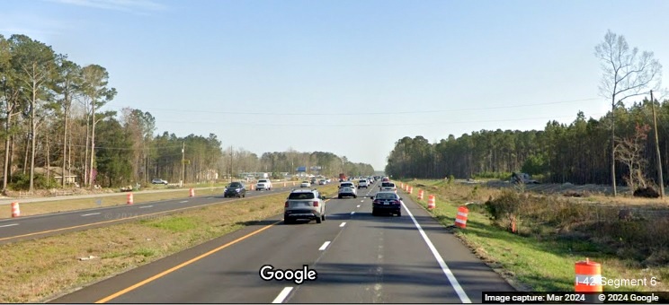 Image of frontage road construction along US 70 (Future I-42) East in James City after Thurman Road in 
       improvement project construction zone, Google Maps Street View, March 2024