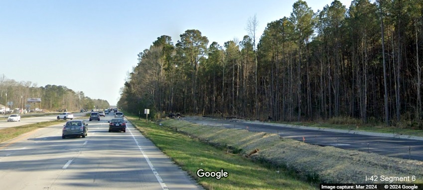 Image of end of frontage road construction along US 70 (Future I-42) East in James City near east end 
       of project work zone, Google Maps Street View, March 2024