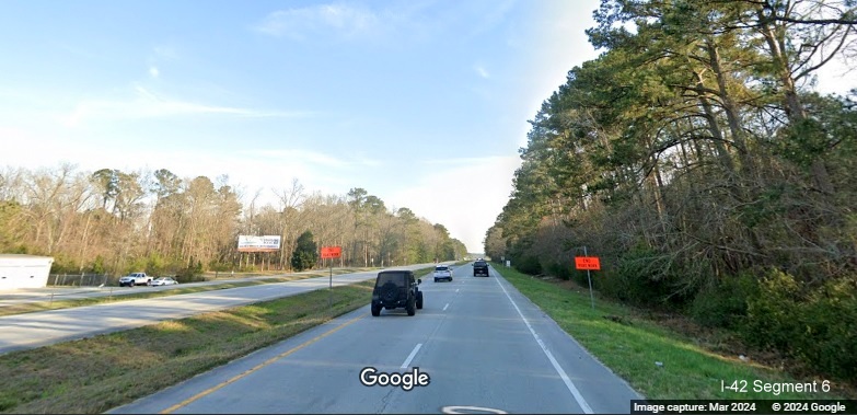 Image of End Road Work signs along US 70 (Future I-42) East in James City at eastern end of 
       improvement project work zone, Google Maps Street View, March 2024