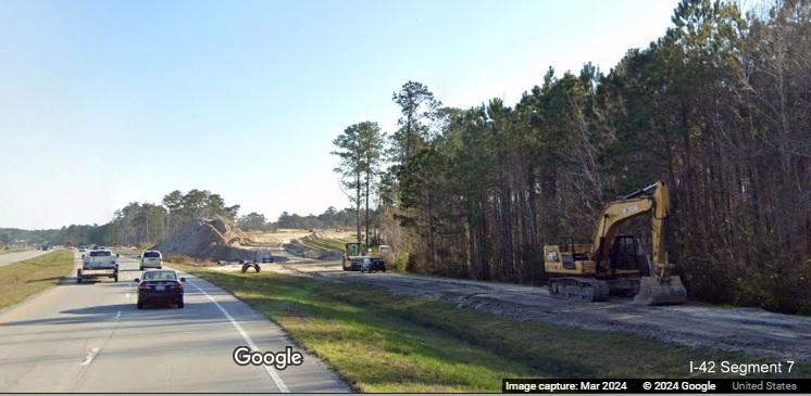 Image of construction equipment in Havelock Bypass (Future I-42) work zone on US 70 East, Google Maps Street View image, March 2024