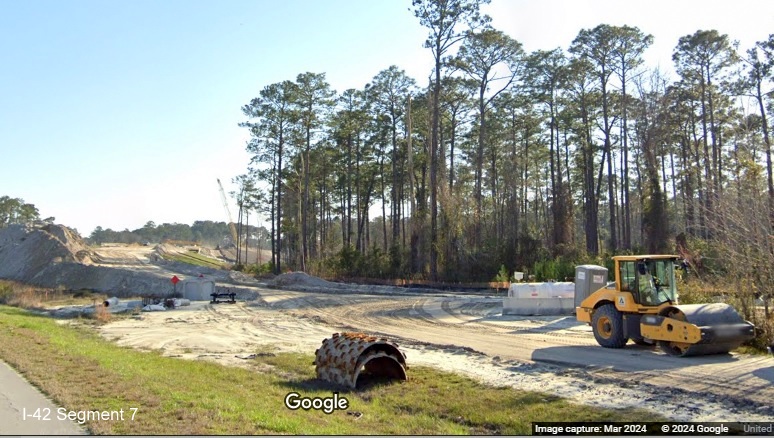 Image of partially graded future ramp to Havelock Bypass (Future I-42) East from US 70 East, Google Maps Street View image, March 2024