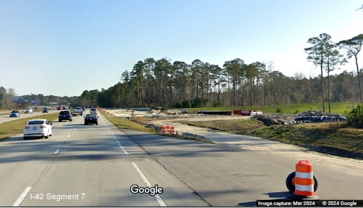 Image of partially graded future ramp from Havelock Bypass (Future I-42) west to US 70 East, Google Maps Street View image, March 2024