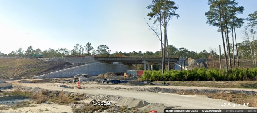 Image of partially completed future ramp bridge to Havelock Bypass (Future I-42) east from US 70 East, Google Maps Street View image, March 2024