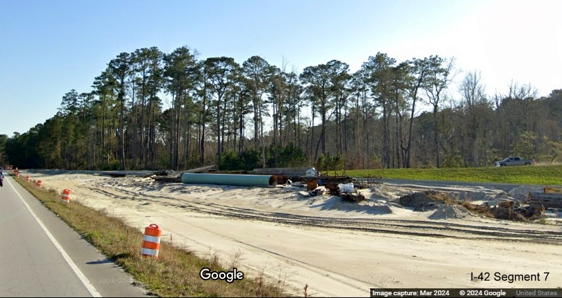 Image of partially graded future ramp from Havelock Bypass (Future I-42) west to US 70 East, Google Maps Street View image, March 2024