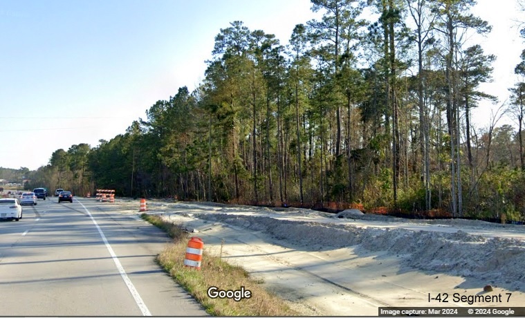 Image of merge of future ramp from Havelock Bypass (Future I-42) west to US 70 East, Google Maps Street View image, March 2024