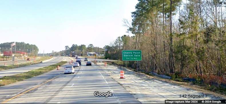 Image of end of future ramp from Havelock Bypass (Future I-42) west to US 70 East, Google Maps Street View image, March 2024