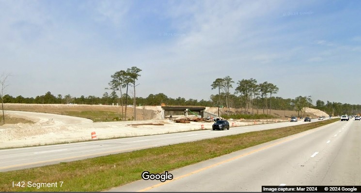 Image of partially completed ramp bridge at the end of the Havelock Bypass (Future I-42) seen from US 70 
        West, Google Maps Street View image, March 2024