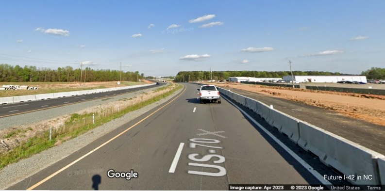 Image of construction along US 70 (Future I-42) East in Clayton, Google Maps Street View, April 2023
