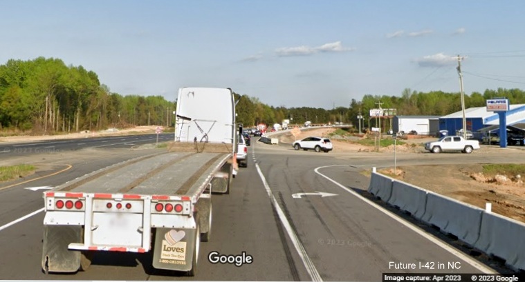 Image of construction along US 70 (Future I-42) East at Uzzle Industrial Drive in Clayton, Google Maps Street View, April 2023