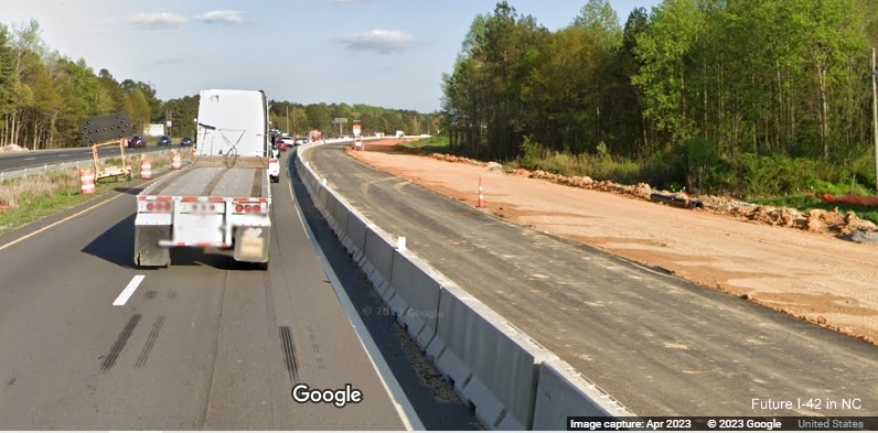 Image of construction along US 70 (Future I-42) East in Clayton after Uzzle Industrial Drive, Google Maps Street View, April 2023