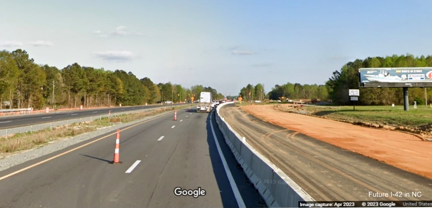 Image of construction along US 70 (Future I-42) East in Clayton approaching Strickland Road, Google Maps Street View, April 2023