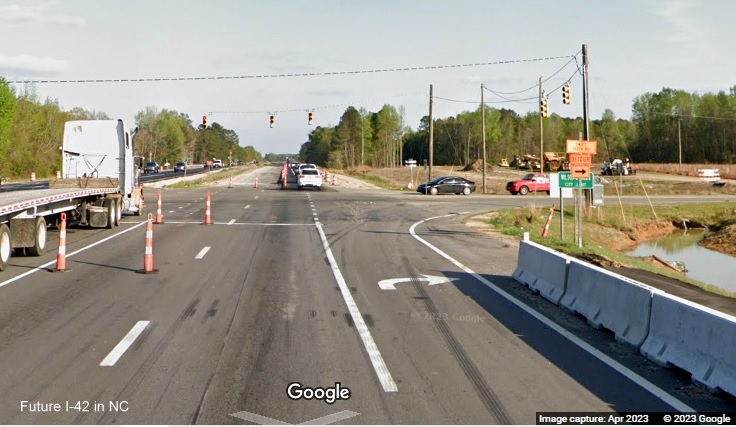 Image of construction along US 70 (Future I-42) East in Clayton at Strickland Road, Google Maps Street View, April 2023