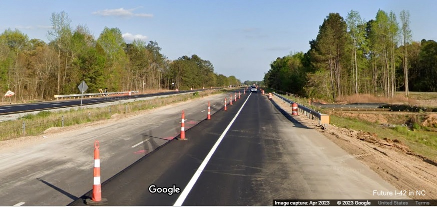 Image of one lane traffic in US 70 (Future I-42) East construction zone in Wilson's Mills, Google Maps Street View, April 2023