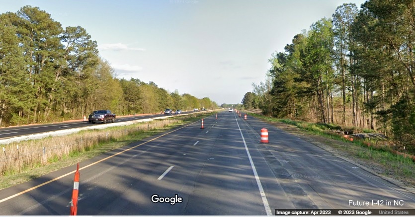 Image of construction along US 70 (Future I-42) East in Wilson's Mills, Google Maps Street View, April 2023