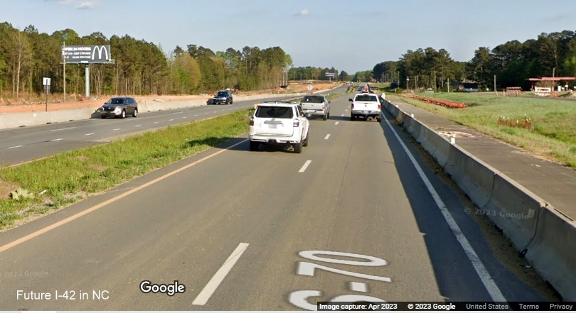 Image of construction of future I-42 West lanes along US 70 West in Smithfield, Google Maps  Street View, May 2023