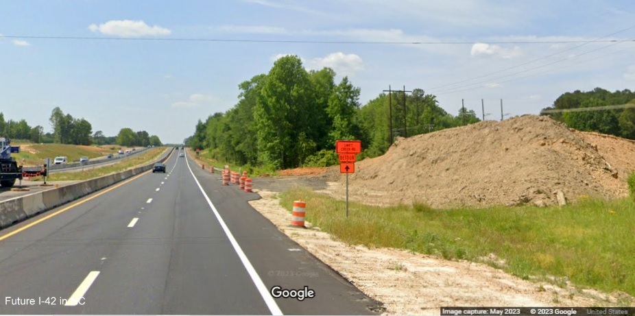 Image of construction along US 70 (Future I-42) West in Wilson's Mills at Swift Creek Road, Google Maps Street View, May 2023
