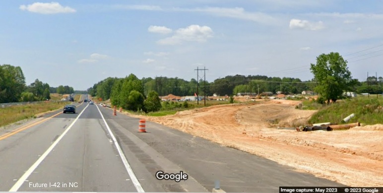 Image of construction along US 70 (Future I-42) West in Wilson's Mills prior to Swift Creek Road, 
        Google Maps Street View, May 2023