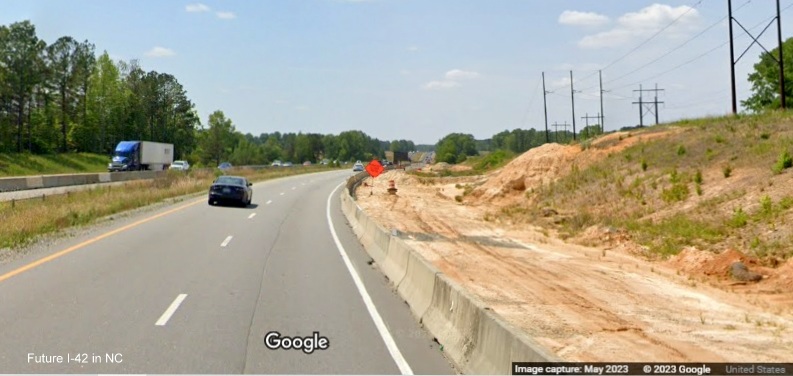 Image of construction along US 70 (Future I-42) West in Wilson's Mills approaching Swift Creek Road, Google Maps Street View, May 2023