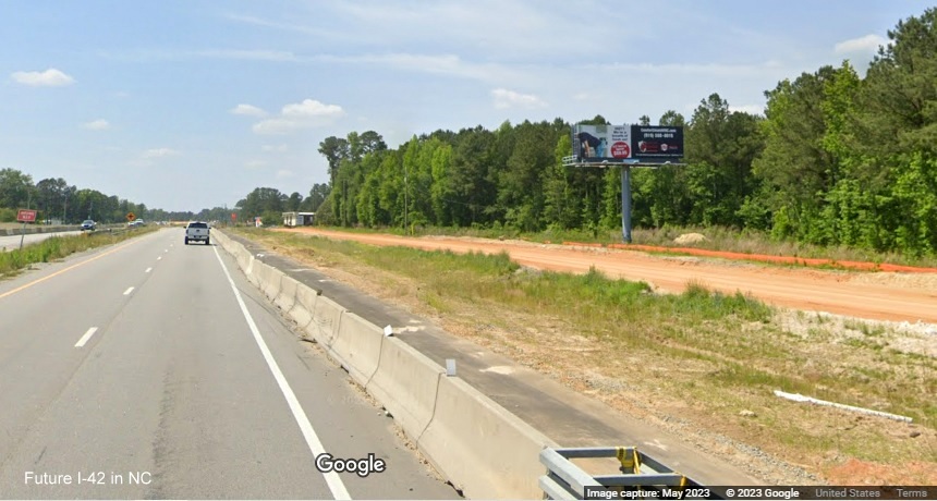 Image of grading of future I-42 West lanes along US 70 West in Smithfield, Google Maps  Street View, May 2023