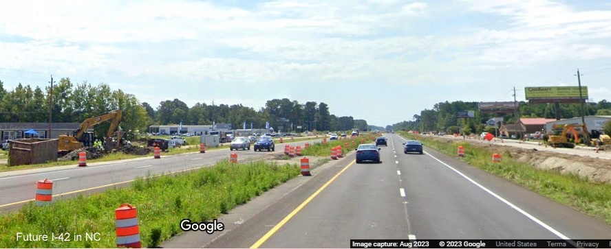 Image of construction zone along US 70 East in James City showing widened shoulders and work closing intersections, Google Maps Street View, August 2023