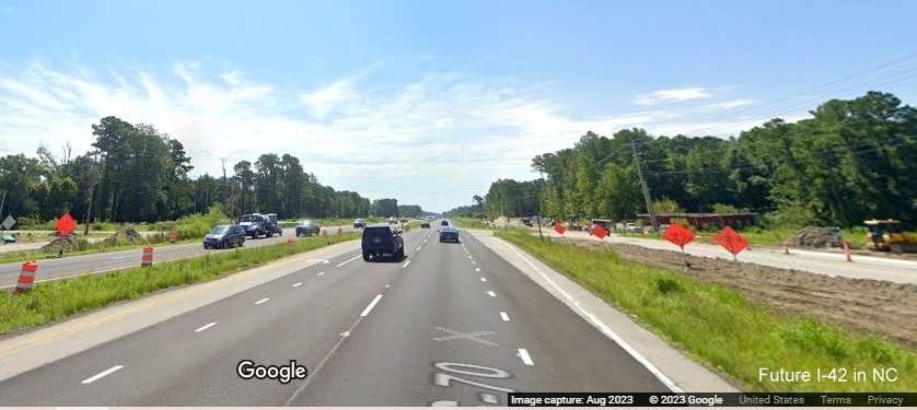 Image of construction zone along US 70 East in James City showing widened shoulders and work closing intersections, Google Maps Street View, August 2023