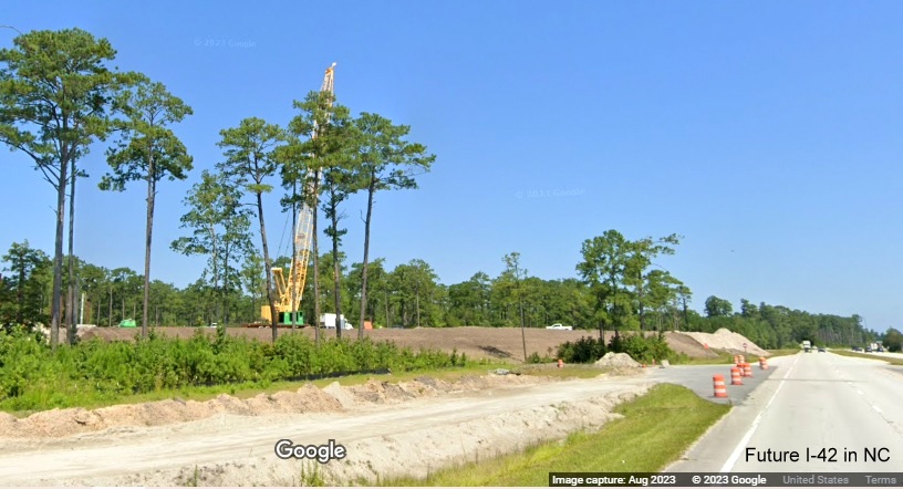 Image of US 70 East lanes at site of future western end of Havelock Bypass (Future I-42), Google Maps Street View, August 2023