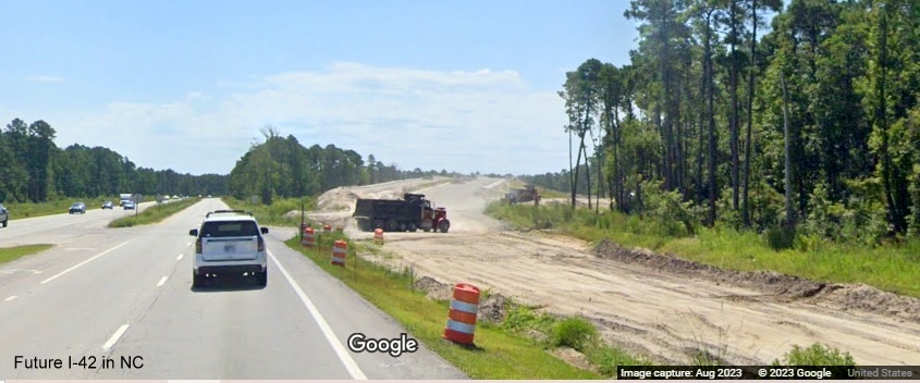Image of future US 70 East lanes meeting the eastern end of Havelock Bypass (Future I-42), Google Maps Street View, August 2023