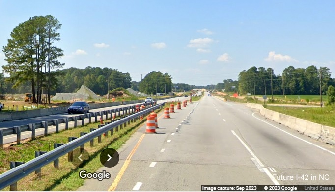 Image of start of work zone along US 70 (Future I-42) West beyond Neuse River bridge in Johnston County, Google Maps Street View, September 2023