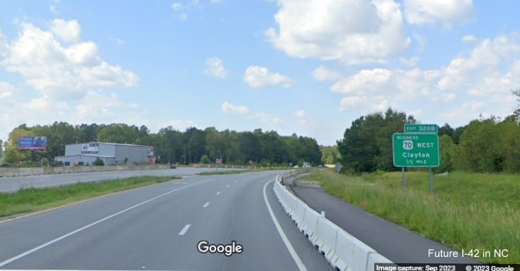 Image of 1/2 mile advance sign for current US 70 Business East exit along US 70 (Future I-42) West in Johnston County, Google Maps Street View, September 2023