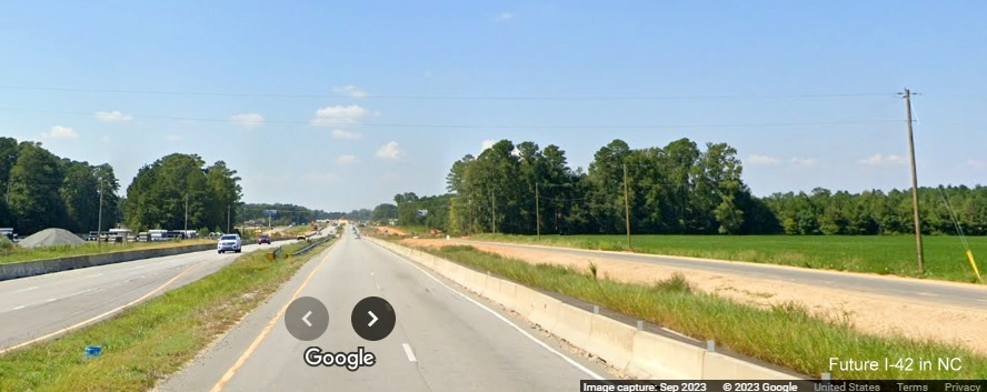 Image of frontage road construction in work zone along US 70 (Future I-42) West in Johnston County, Google Maps Street View, September 2023